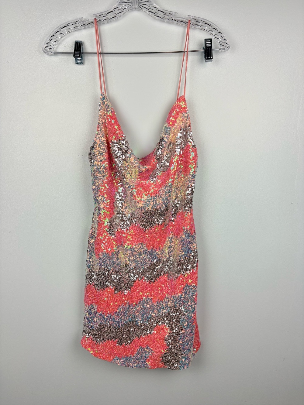 Hello Molly Pink & Silver Sequin Cowl Neck Mini Slip Dress Lined Spaghetti US 4